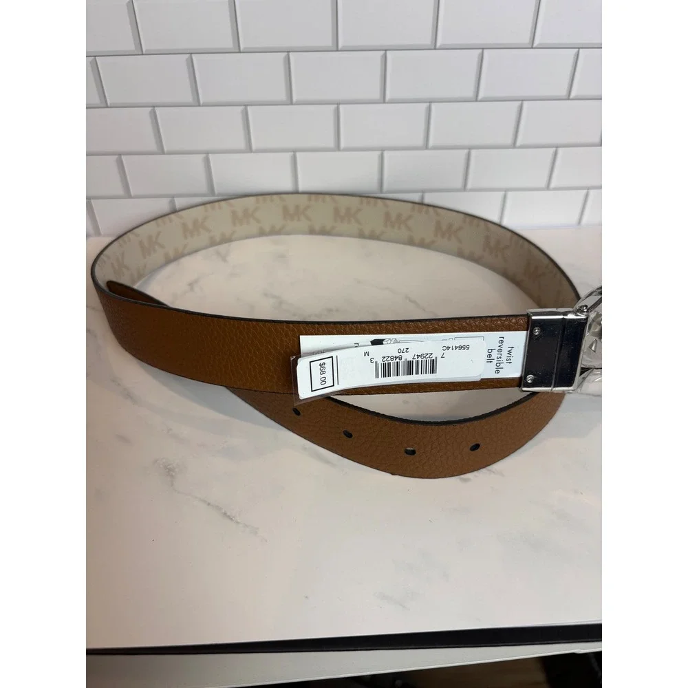 Michael Kors‎ Reversible Belt MK Logo Vanilla Brown Leather Silver Buckle